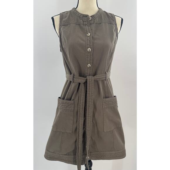 Anthropologie Brown Button Utility Dress Cargo Shirt Denim Sleeveless 6 Tie - Picture 2 of 13